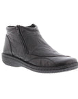 Black ankle boot with soft textured upper and side zipper.