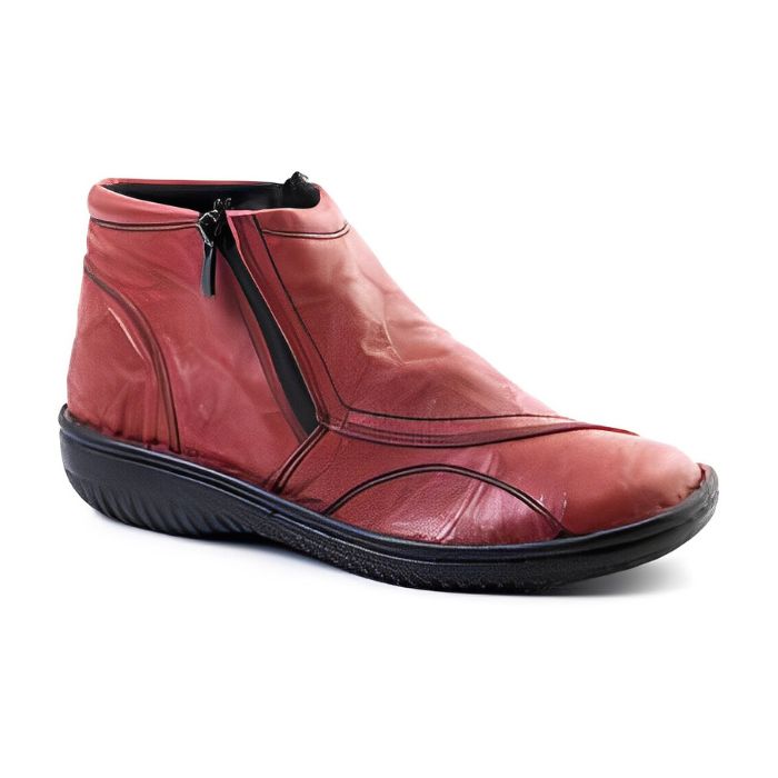Red ankle boot with soft textured upper and side zipper.