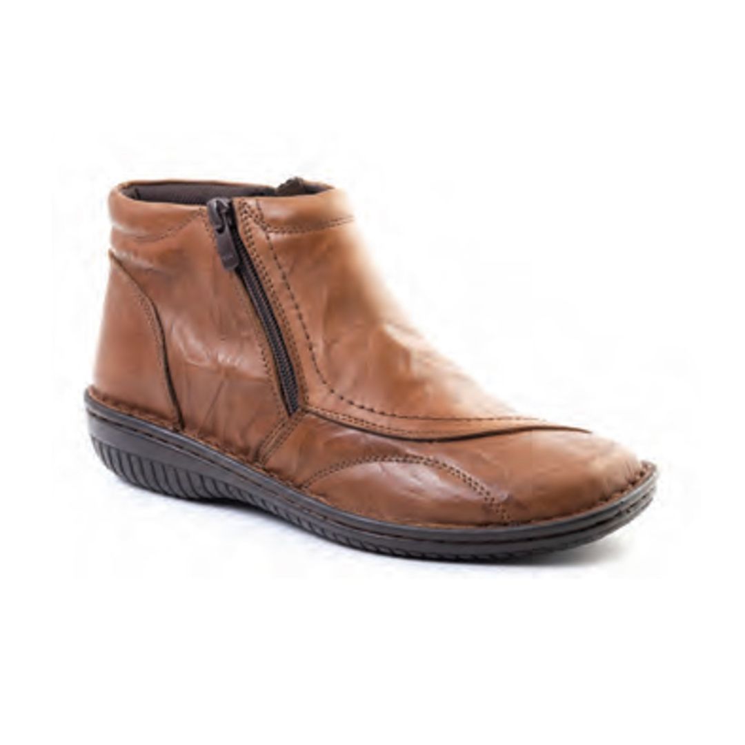 Brown ankle boot with soft textured upper and side zipper.