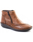 Brown ankle boot with soft textured upper and side zipper.