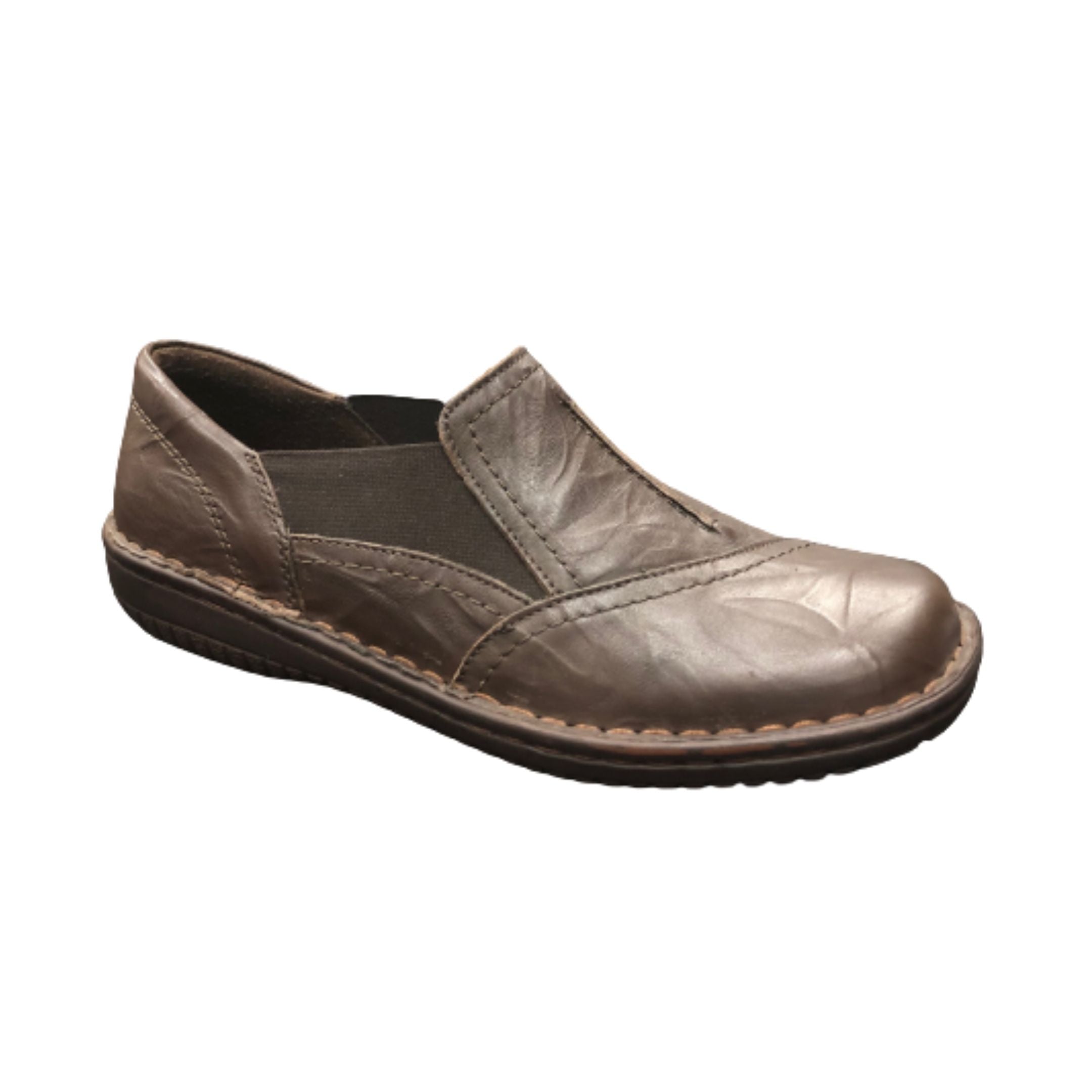 Brown slip on shoe with side elastic and detail stitching with thick stitched outsole