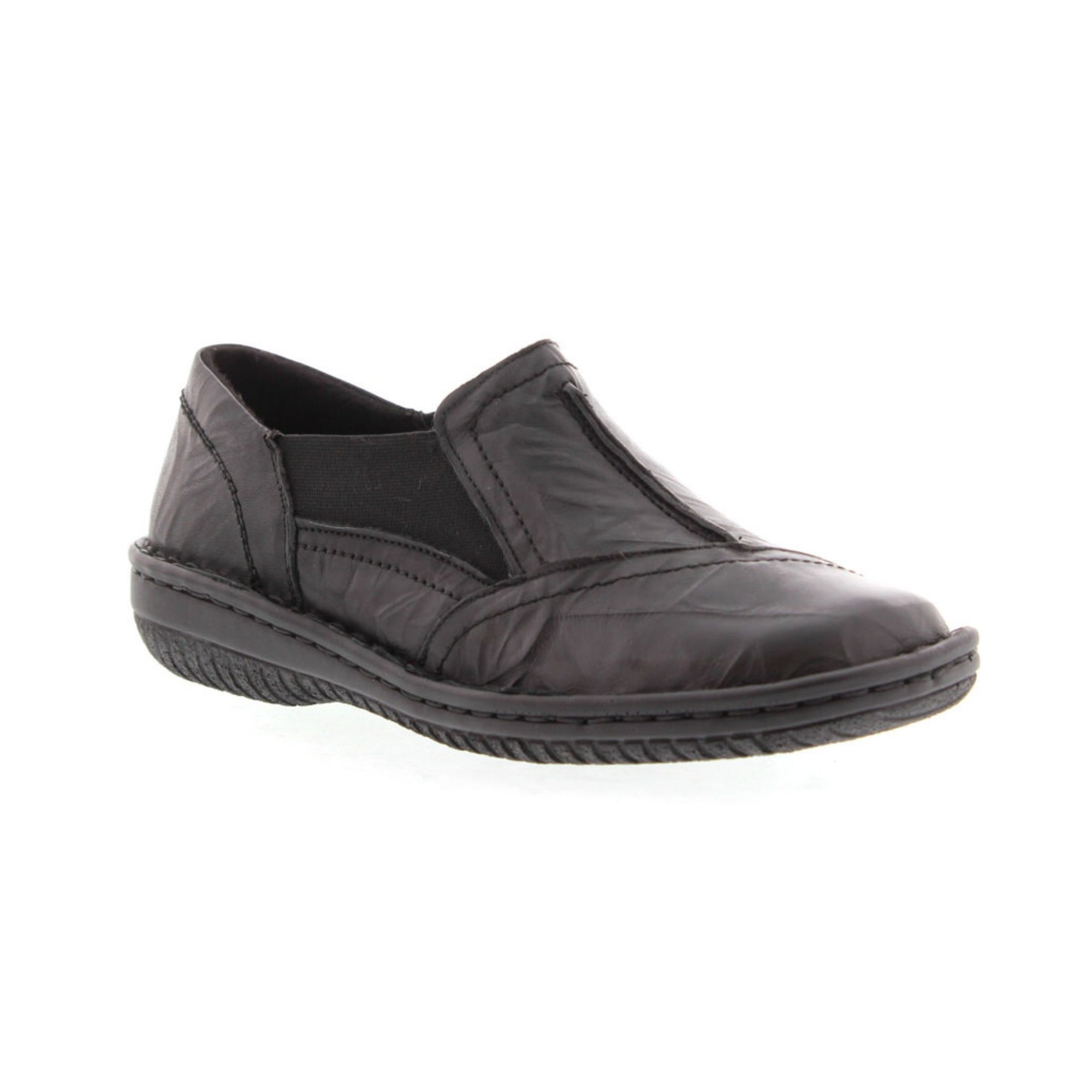 Black slip on shoe with side elastic and detail stitching with thick stitched outsole