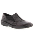 Black slip on shoe with side elastic and detail stitching with thick stitched outsole
