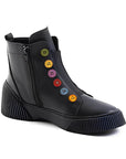 Black leather ankle boots with black platform outsole and inside zipper closure. Multi-coloured buttons run up front of boot.