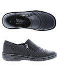 Pair of Black slip-on women's shoes with a side zipper,  textured sole, and decorative folded leather across the front.