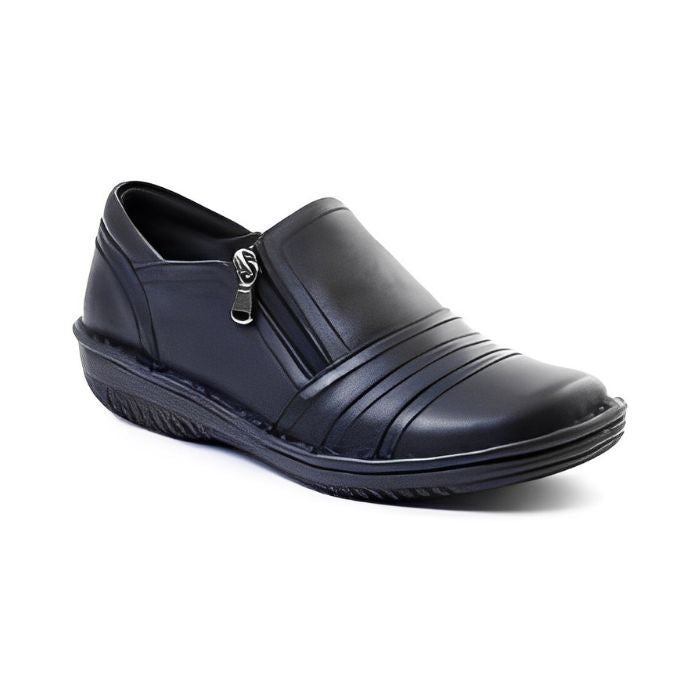 Black slip-on women's shoe with a side zipper,  textured sole, and decorative folded leather across the front.