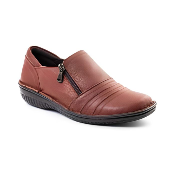 Brown slip-on women's shoe with a side zipper,  textured sole, and decorative folded leather across the front.