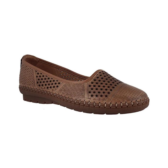 1543 Flat by Volk Walkers has dotted laser cut details on alternating side panels of the brown uppers with a tan footbed and stitched look for outsole