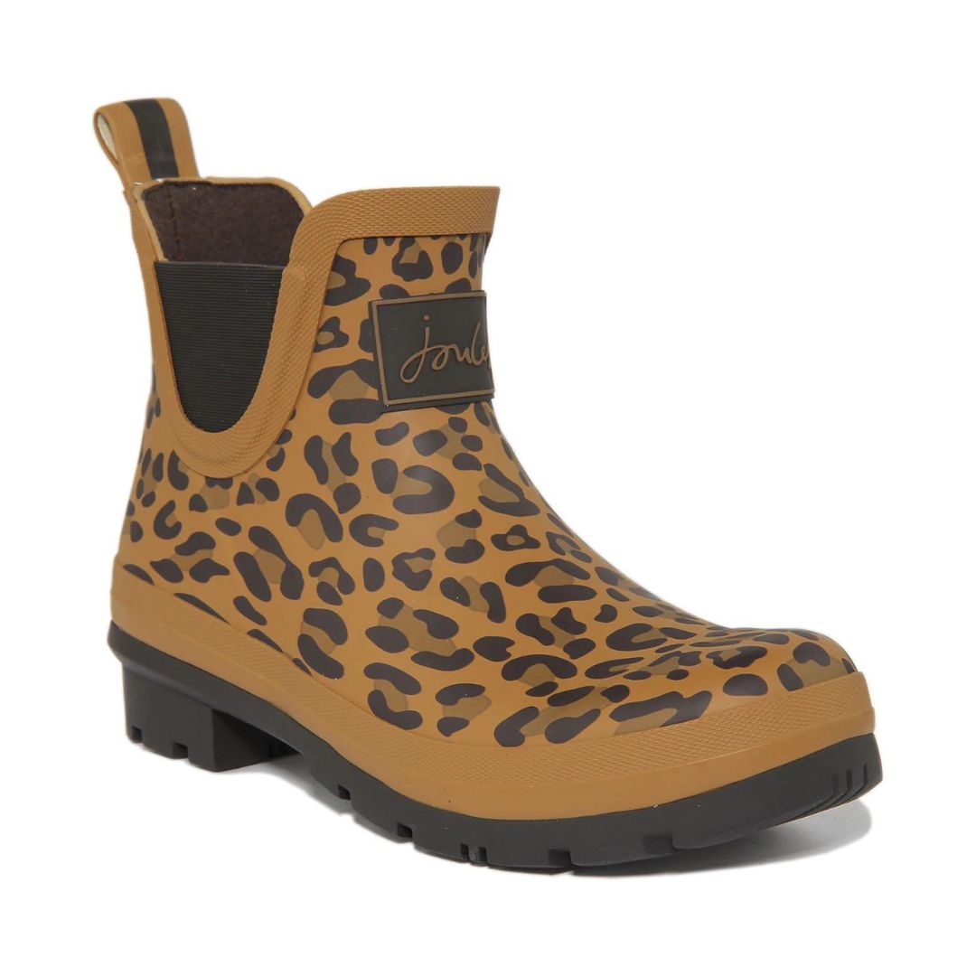 Wellibob Chelsea Boot in Leopard. Brown rubber ankle boot with black accents and a dark brown leopard print. Outsole is black.
