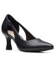 Black leather pointed to pump with low kitten heel and adjustable side strap.