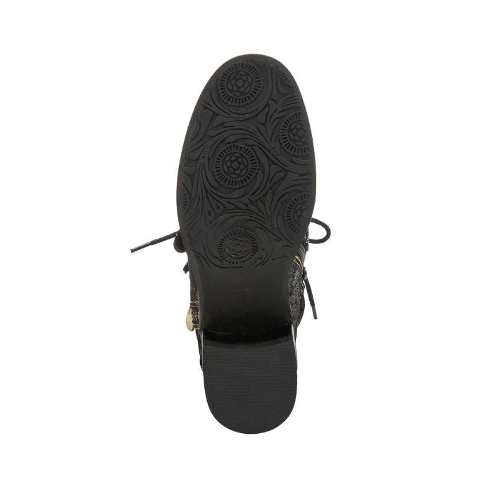 Black rubber outsole of L'Artiste's  Chrissy bootie.