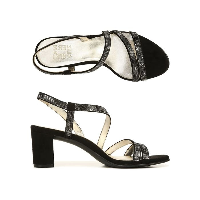 Top and side views of black Naturalizer Vanessa 2 Sling-Back Sandal showcasing crisscross glitter straps and dress heel.