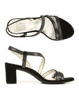 Top and side views of black Naturalizer Vanessa 2 Sling-Back Sandal showcasing crisscross glitter straps and dress heel.