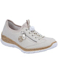 Slip-on Sneaker in cream with bungee laces, decorative side zipper, faux cork midsole and white outsole.