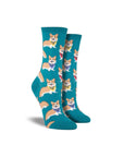 Women's Socksmith Corgi Pattern Socks in teal with playful corgi dogs wearing colorful bandanas. Soft cotton crew socks for dog lovers.