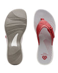 Top and bottom view of Breeze Sea thong sandal in red. Clarks branding visible on footbed and outsole.