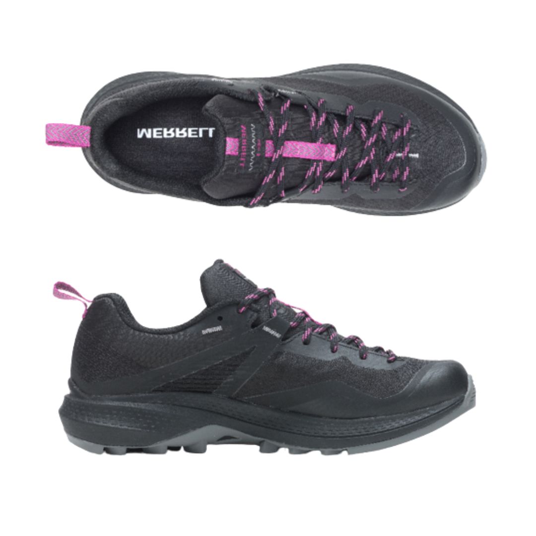 Top and side views of Women's Merrell MQM 3 GTX Hiking Waterproof Shoe showing breathable mesh upper, lace-up design, and padded collar for comfort.