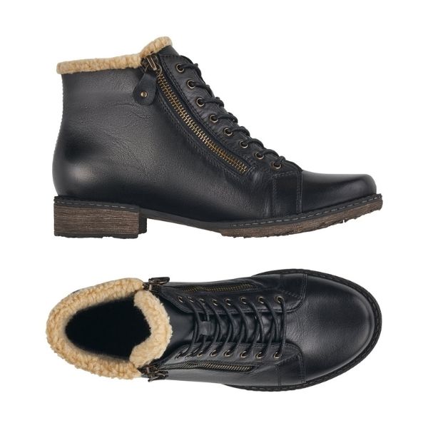 Side and top views of Women's Remonte D4372 Ankle Boot showcasing water-resistant leather, warm lining, and lace-up closure for winter wear.