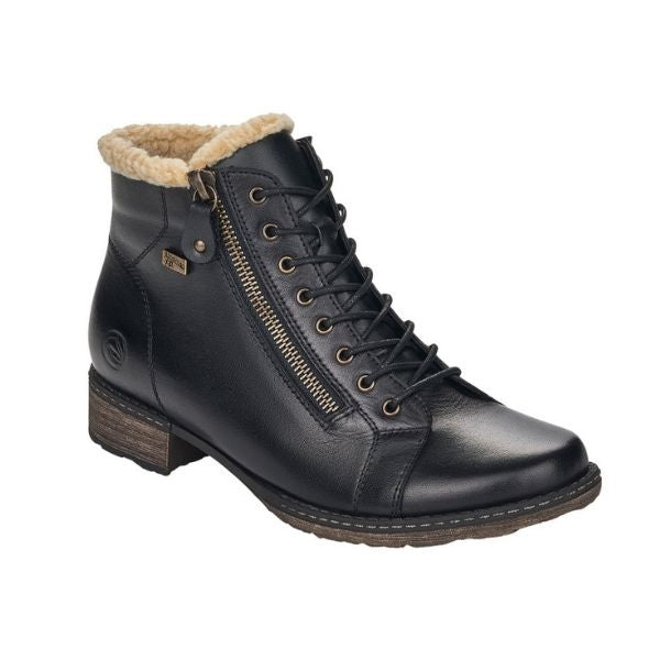 Women's Remonte D4372 Ankle Boot in black leather with faux fur lining, featuring side zipper and lace-up design for winter comfort and style.
