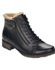 Women's Remonte D4372 Ankle Boot in black leather with faux fur lining, featuring side zipper and lace-up design for winter comfort and style.