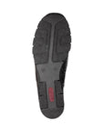 Outsole view of black Rieker 537C0 women's slip-on shoes showing shock-absorbing tread design for enhanced grip and comfort.