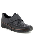 Women's Rieker 537C0 Slip-On Shoes in black with textured upper and wedge heel, ideal for lightweight fall wear and shock absorption.