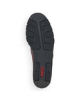 Outsole of red Rieker 537C0 women's slip-on shoes with shock-absorbing tread and Rieker branding for reliable grip.