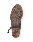 Sole of black Rieker 79688 women's ankle boot with textured grip for enhanced traction in slippery winter conditions.