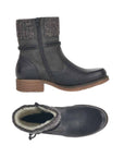 Top and side view of black Rieker 79688 ankle boot for women, featuring cozy fleece lining and durable zipper closure.