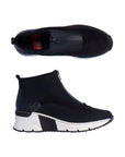 A pair of Rieker black top zipper sneaker with patent crocco heel cup, logo'd black footbed and white wedge outsole.