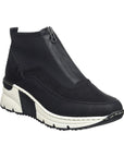 A Rieker black top zipper sneaker with white wedge outsole.