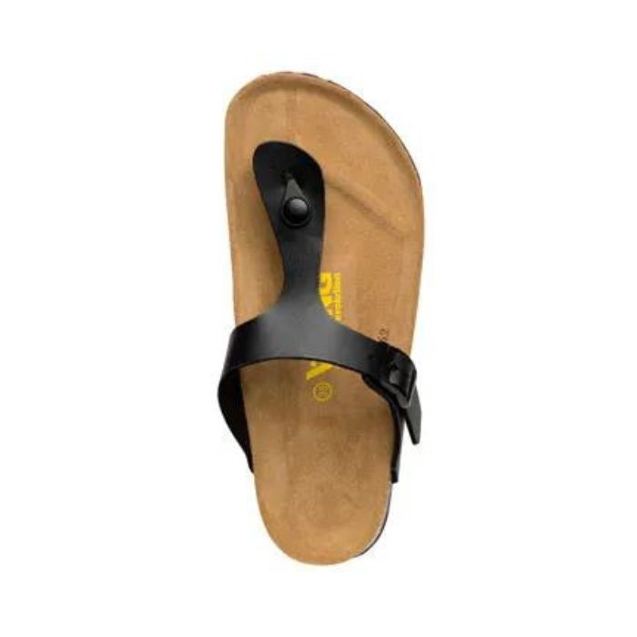 Top view of black thong style sandal with adjustable buckle strap. Yellow Viking logo in center of brown footbed.