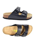 Pair of Two Strap Sandals in black with buckle straps, cork Viking Sandals logo'd footbed and black outsole.