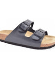 Two Strap Sandal in black with buckle straps, cork Viking Sandals logo'd footbed and black outsole.
