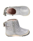 Top and side view of Silver ankle boot with star design and inside zipper