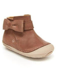 Brown leather ankle boot with side bow and beige rounded outsole
