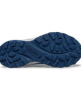 Close-up of the blue Kids Merrell Moab FST Low A/C Storm Sneaker outsole with deep traction lugs for enhanced grip on rough terrain.