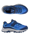 Top and side views of blue Kids Merrell Moab FST Low A/C Storm Sneaker showing breathable waterproof design and secure hook-and-loop strap.