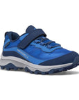 Kids Merrell Moab FST Low A/C Storm Sneaker in blue with waterproof mesh upper and rugged sole, perfect for outdoor adventures.