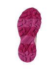 Bottom view of pink Kids Merrell Moab FST Low A/C Storm Sneaker outsole featuring rugged tread pattern for superior traction.