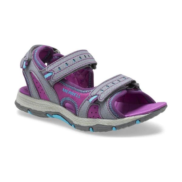 Purple and grey sandal with blue accents and three adjustable straps