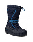 Navy blue Children's Sorel Flurry Winter Boots with light blue trim, waterproof shell, and secure drawstring top for snow protection.