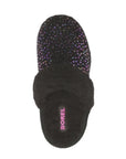 Top view of Kid's Sorel Nakiska Slide II slippers with black fleece lining and pink SOREL branding on the insole.