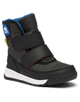 Kids Sorel Whitney Strap Boot in black with blue lining and dual Velcro straps, waterproof and insulated for winter wear.