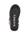 Outsole of Kids Sorel Whitney Strap Boot with rugged tread and bold SOREL branding for enhanced winter traction.