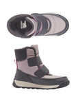 Top and side view of Kids Sorel Whitney Strap Boot in pink and black, showing dual Velcro straps and insulated interior.