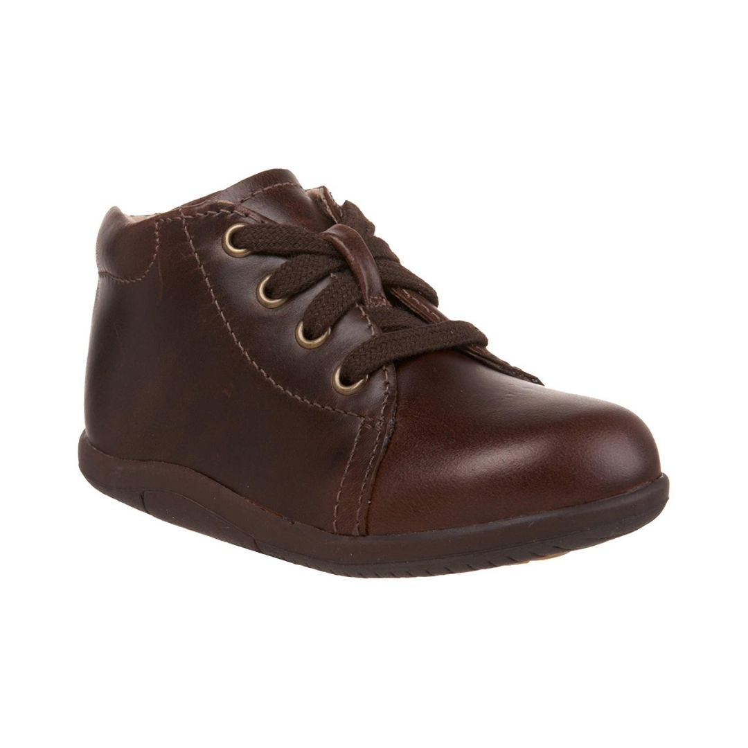 Kids Stride Rite Elliot Bootie in brown leather with lace-up closure, ideal for toddlers learning to walk. Durable and flexible baby shoe design.