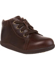 Brown dress shoes for youth with brown laces and detailed stitching
