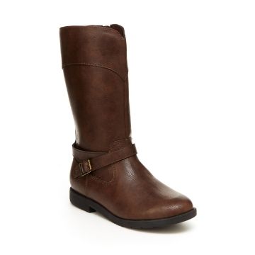 Brown tall boot with buckle strap and ankle and dark outsole