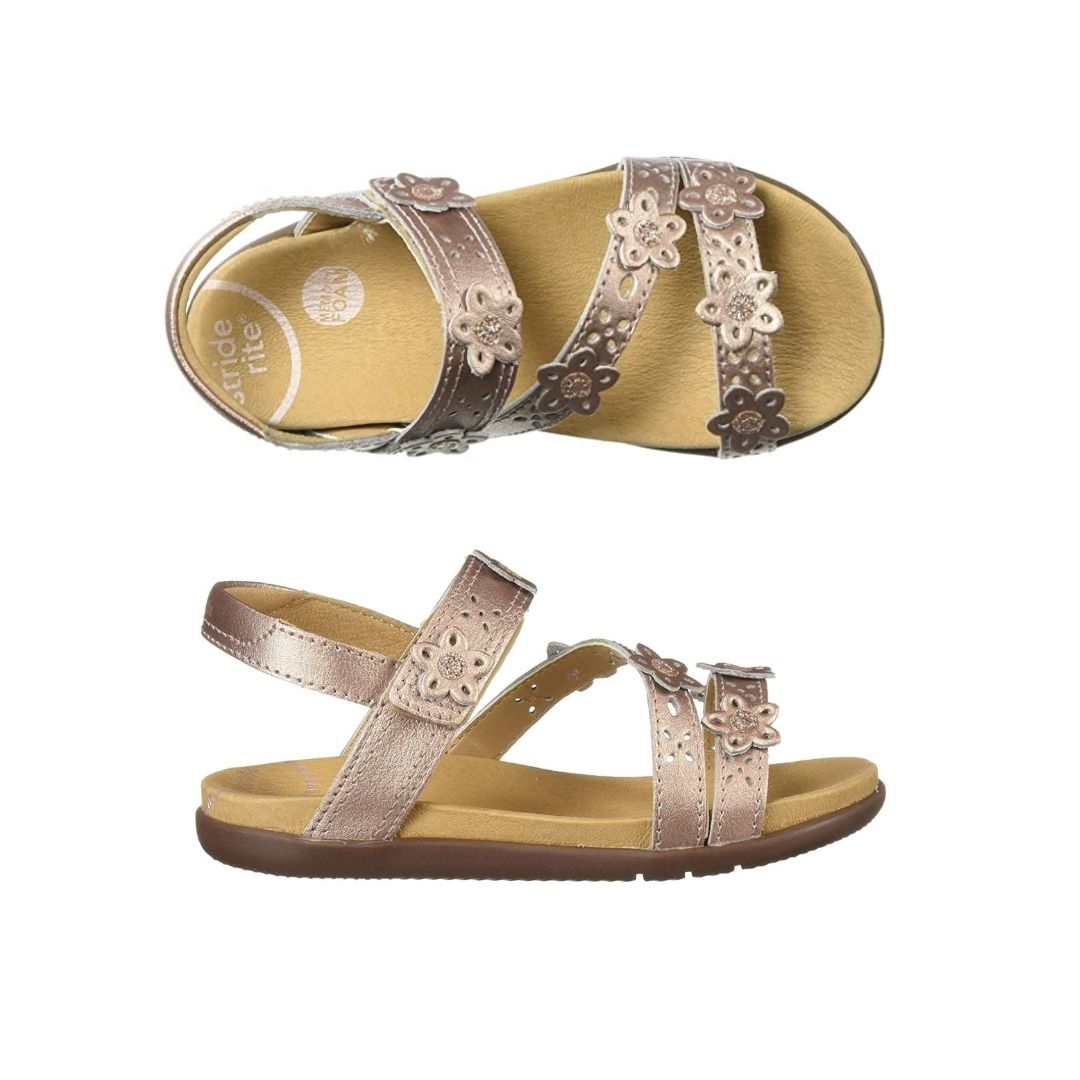 Top and side view Heel strap and 3 over foot straps on sandal with perforations and 3D flower cutouts (youth), showing Tan footbed